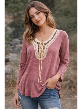 Ella Mara Boho Blouse Pink Striped Lace Neck Tie Top Long Sleeve Women NWOT